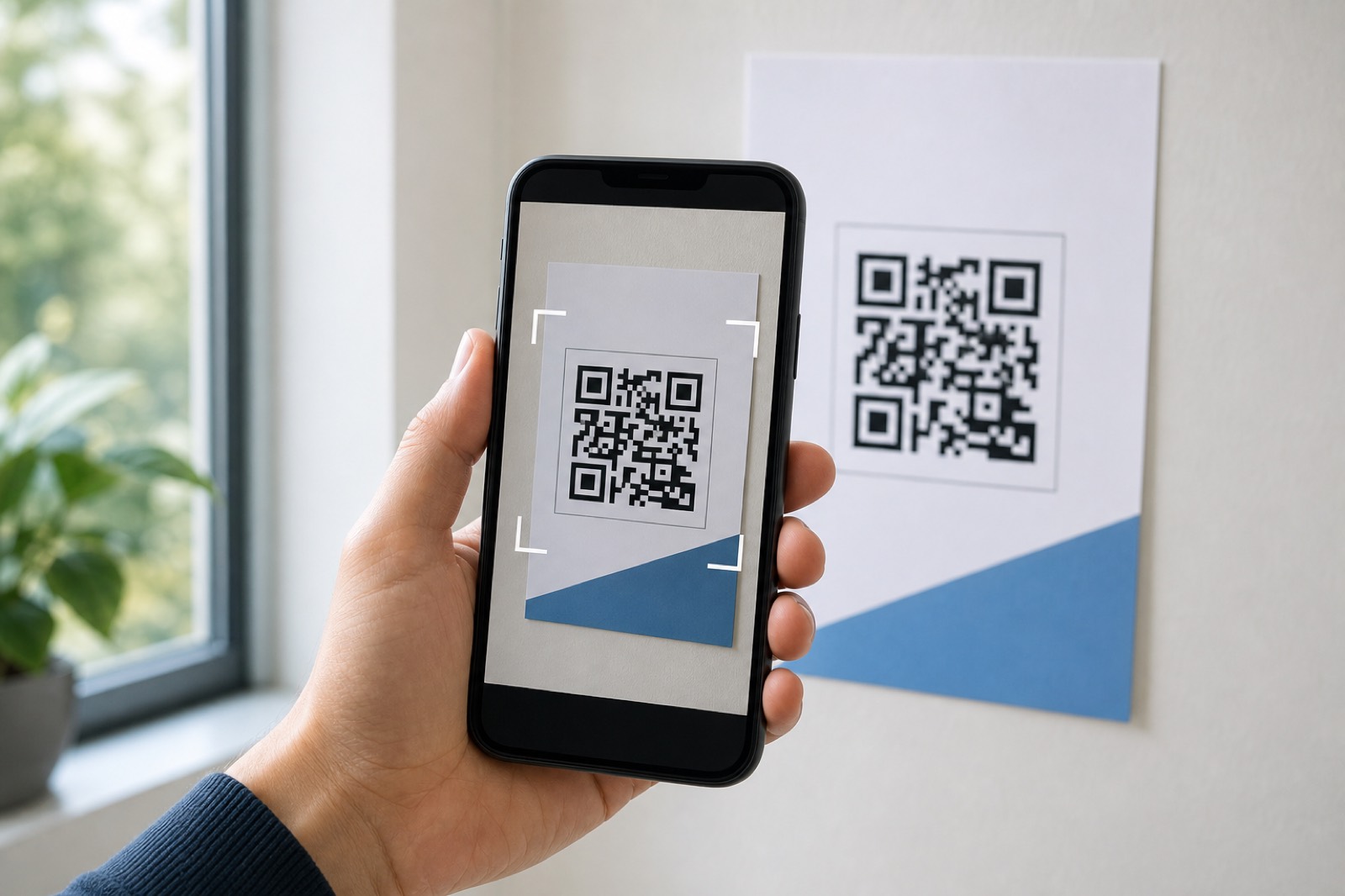 Smartphone camera framing a printed QR code on a poster