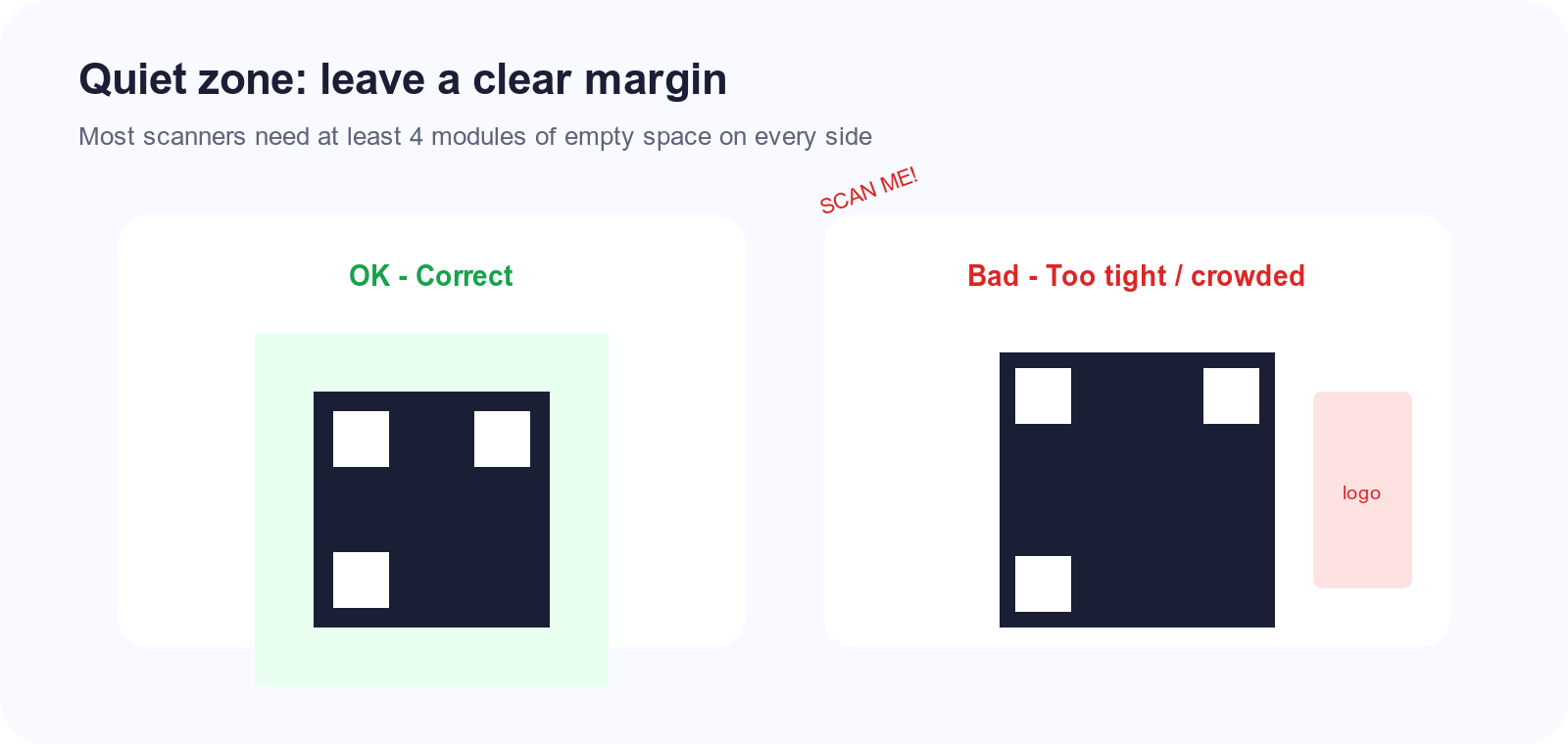 Quiet zone do and don't: leave clear margin around the QR code before printing