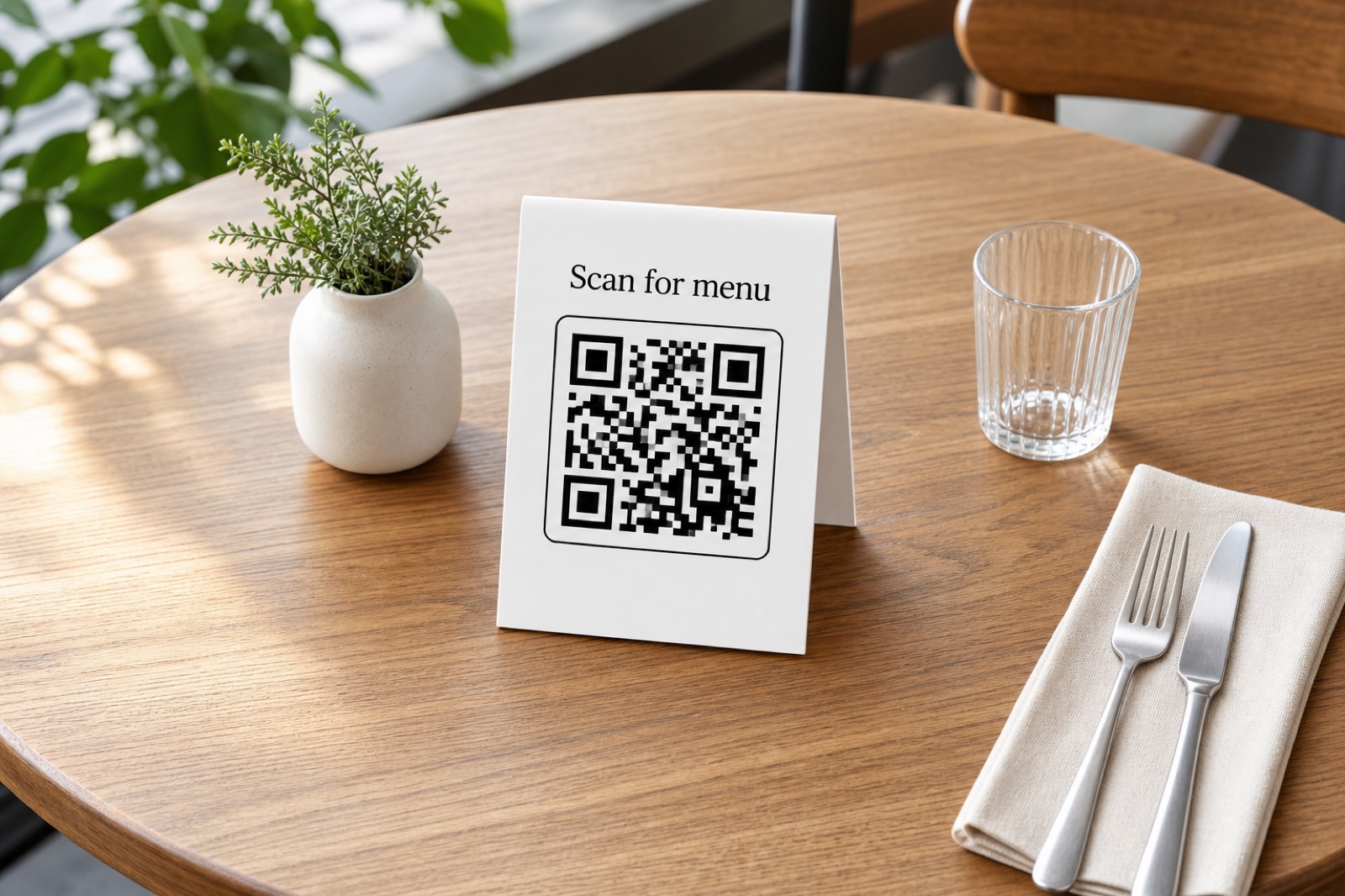 Cafe table tent card with a QR code labeled Scan for menu