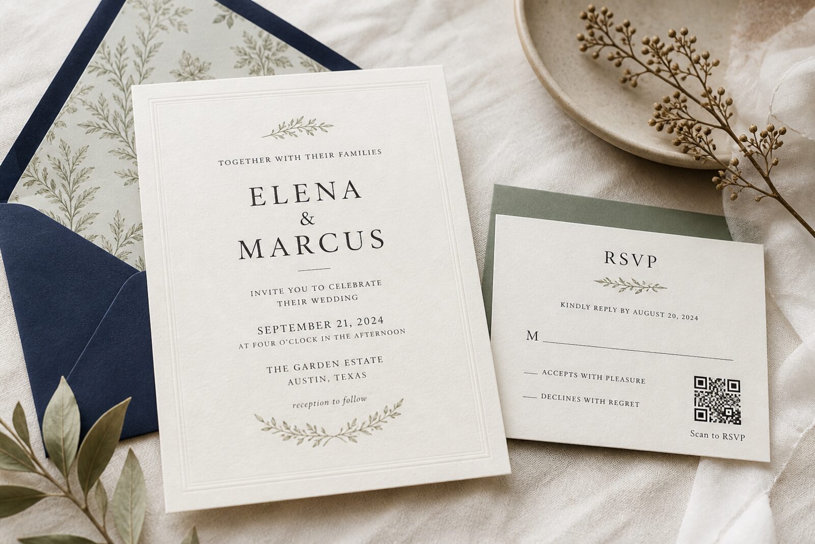 Ivory wedding invitation suite with a Scan to RSVP QR code on the reply card